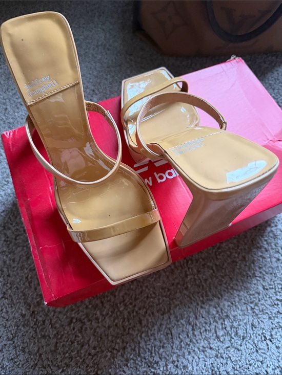 Jeffrey Campbell Shoes - Jeffrey Campbell Nude Patent Square-Toe Strap Block Heels